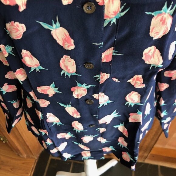 DIOR Silk Navy Pink Rose Long Sleeve Blouse 6 Vintage - Picture 5 of 14